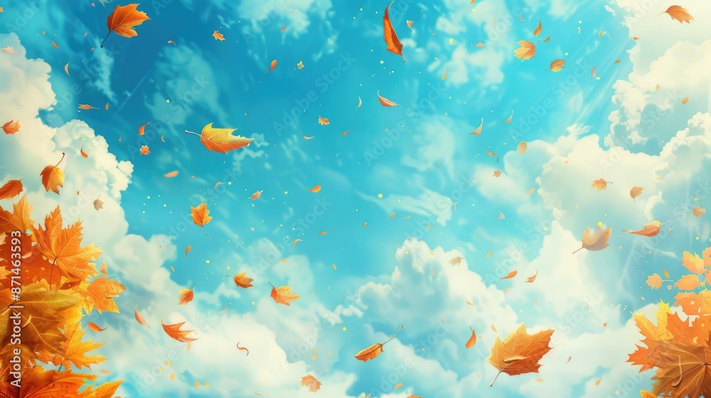 Autumnal leaves floating in the sky space for text and online promotions Autumnal leaves floating in the sky space for text and online promotions