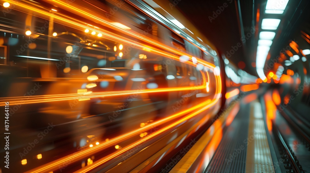 Subway train speeding through a tunnel at night with motion blur light trails Subway train speeding through a tunnel at night with motion blur light trails