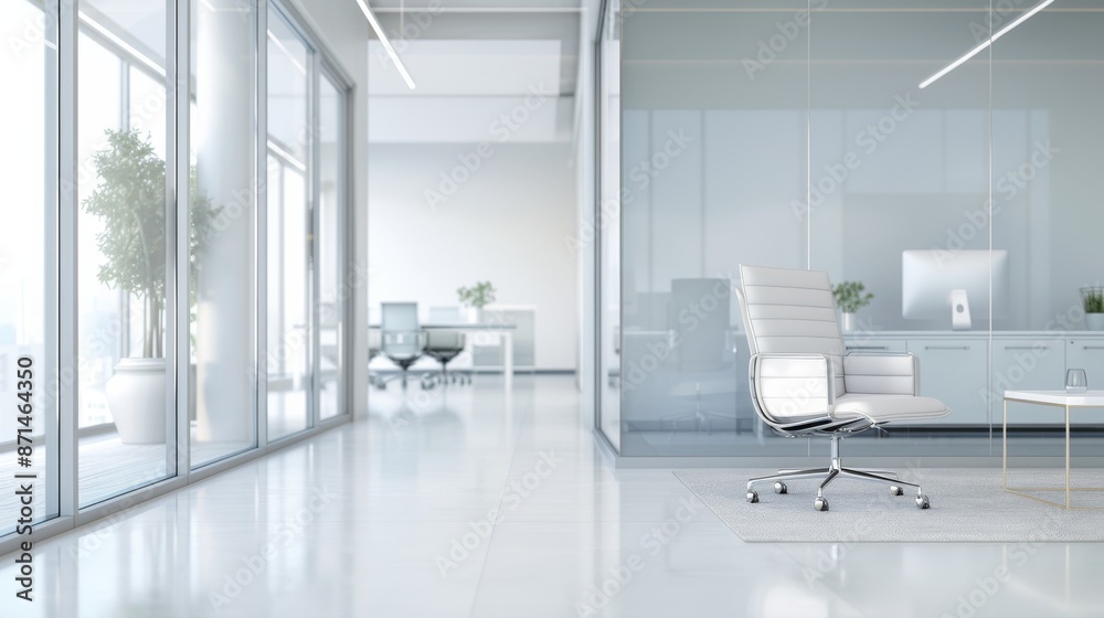 Modern bright office space with glass walls, natural light, minimalist white furniture, and clean design creating a productive work environment. Modern bright office space with glass walls, natural light, minimalist white furniture, and clean design creating a productive work environment.
