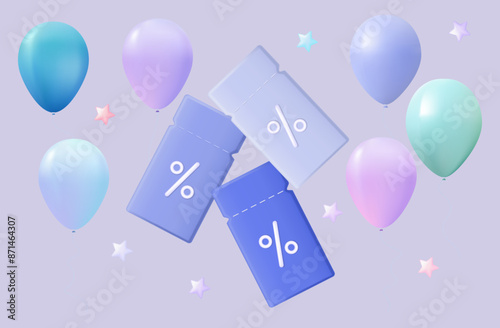 Gift, bonus, advantageous offer. Promotion, discounts, cashback. Coupon, voucher 3d with balloons. Showcase, low percentage, advertising message. Flying balls, low price tag. Holiday sale. Vector.