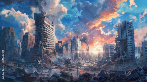 Dramatic of a city destroyed by natural disasters, Digital painting, Anime style. photo