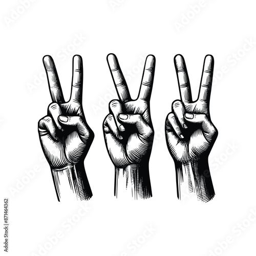 Hand drawn illustration hand peace symbol. Black and white Hand gesture V sign drawing vector illustration