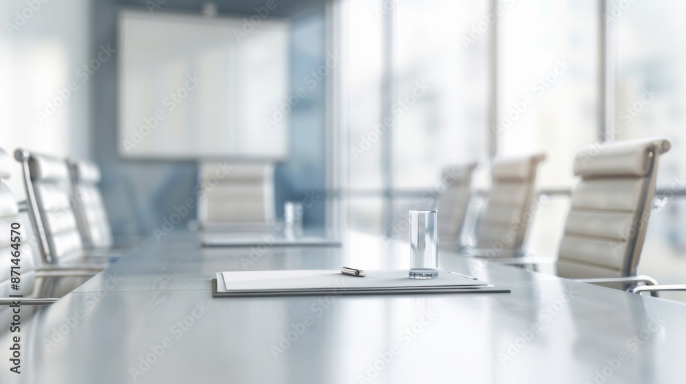 Modern conference room with glass table, notebooks, and chairs in a bright office space, ready for business meeting or corporate presentation. Modern conference room with glass table, notebooks, and chairs in a bright office space, ready for business meeting or corporate presentation.