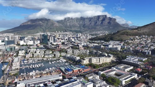 Waterfront At Cape Town In Western Cape South Africa. Table Mountain Landmark. Downtown Buildings. Cape Town At Western Cape South Africa. Tourism Travel. Coast City Skyline.