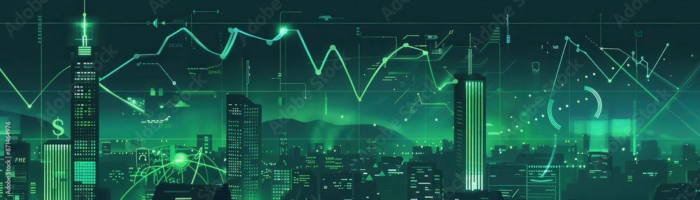 Fototapeta premium Green energy solutions, compromised blockchain node, financial collapse chart, flat design illustration