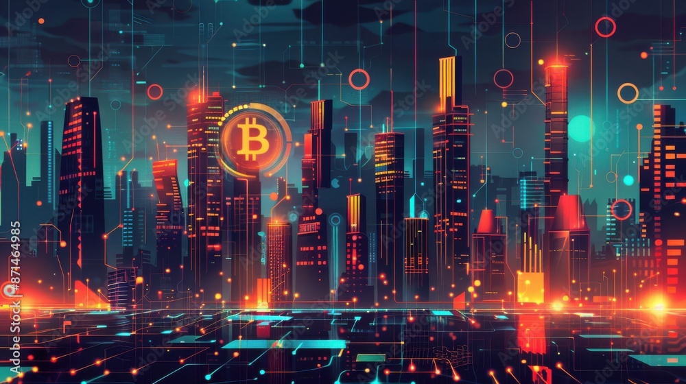 Fototapeta premium Futuristic cityscape, blockchain ledger, declining graph, flat design illustration