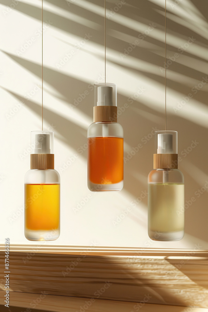 A bottle of perfume is sitting on a table. Serum and Cosmetic bottle