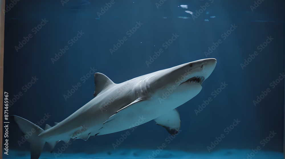 a shark swimming in the water with a light shining on it a shark swimming in the water with a light shining on it