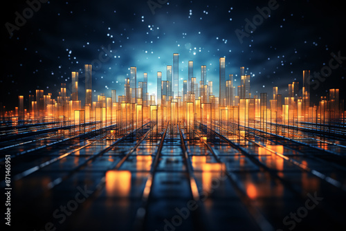 Futuristic Cityscape with Illuminated Buildings in Various Shapes and Sizes at Night