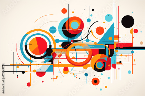 Colorful Abstract Art, Collage of Circles and Lines on White Background, Dynamic Movement and Vibrant Design