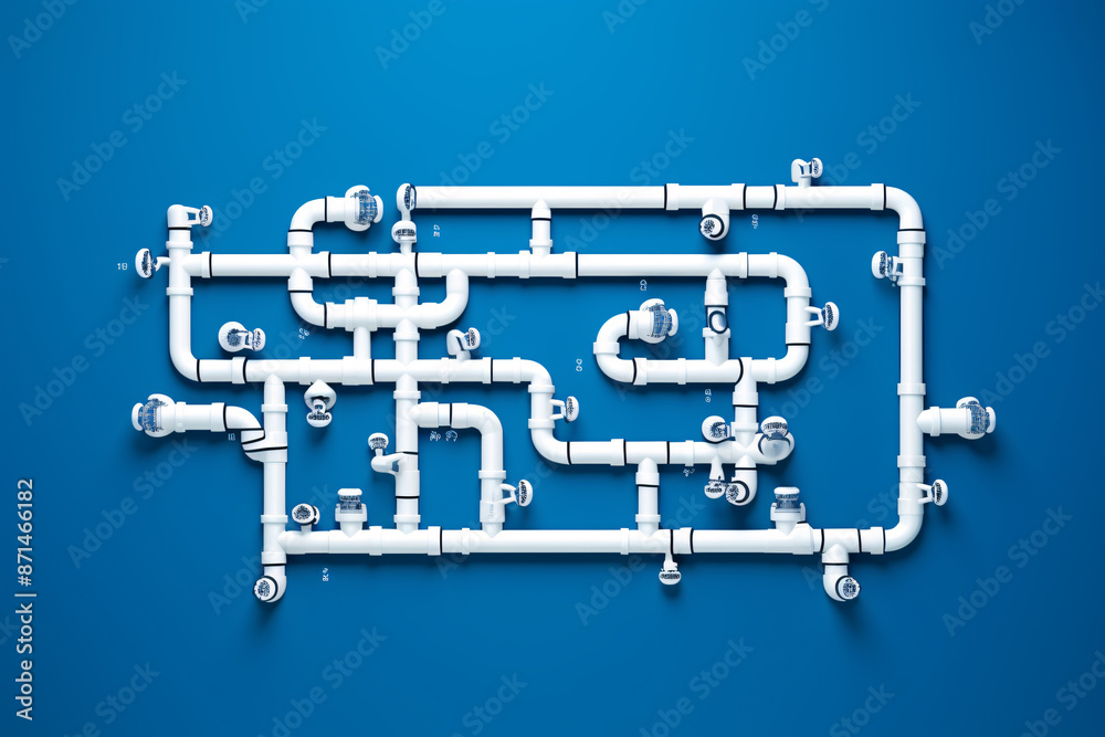Industrial Maze of White Pipes and Valves on Blue Background, Complex Network Design and Engineering Concept