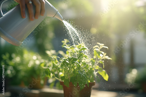 Watering a Potted Herb with Small Green Leaves, Down to Water with a Can in the Garden