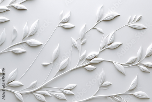 Elegant Close Up of Delicate White Branches and Leaves Cast on a White Wall for Minimalist and Serene Design