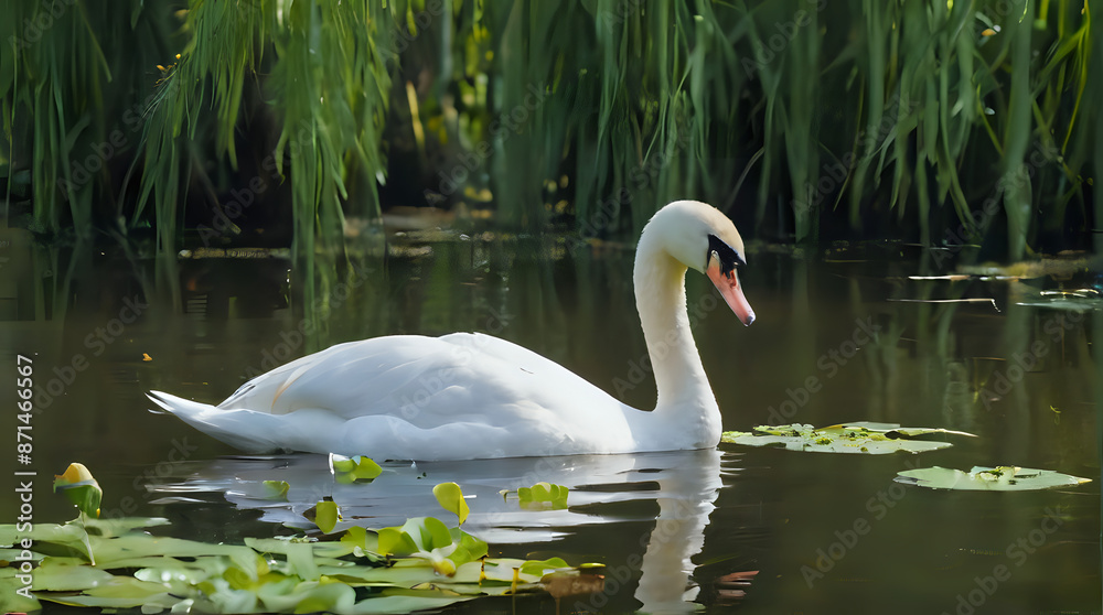 a white swan swimming in a pond with lily pads a white swan swimming in a pond with lily pads