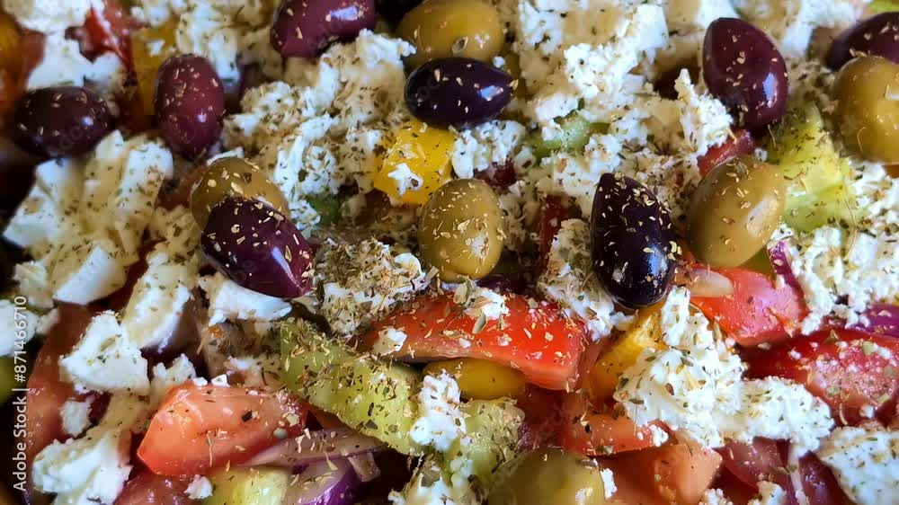 Topping a Greek Horiatiki or salad with spices and herbs - isolated close up Topping a Greek Horiatiki or salad with spices and herbs - isolated close up