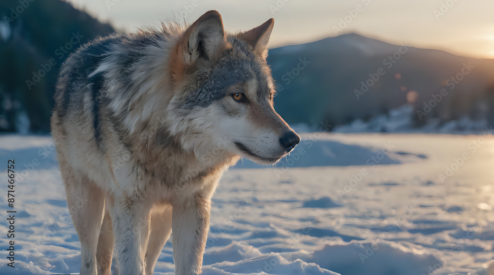 Fototapeta premium a wolf standing in the snow with the sun setting