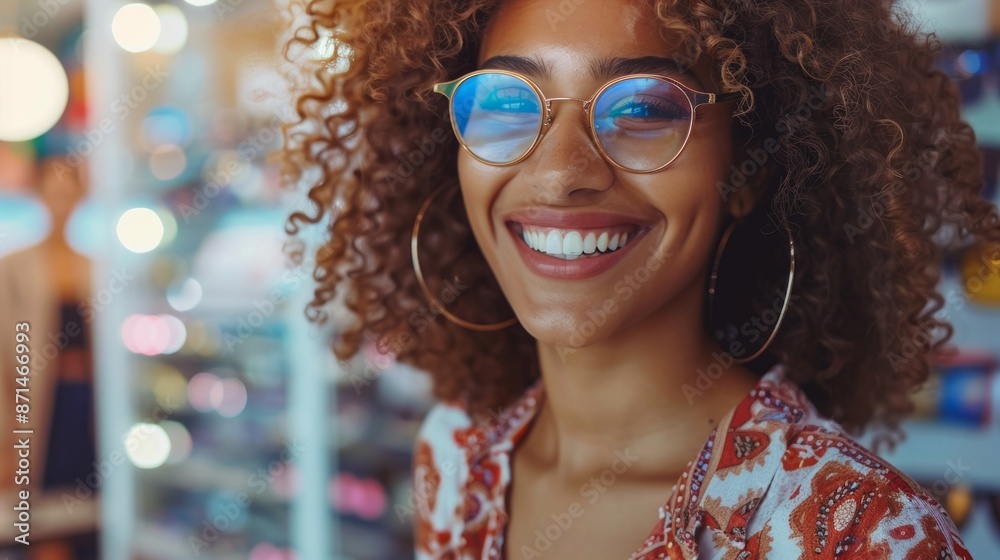 Young Woman with Eyeglasses in Optical Store - Beautiful girl wearing glasses in optician shop Young Woman with Eyeglasses in Optical Store - Beautiful girl wearing glasses in optician shop