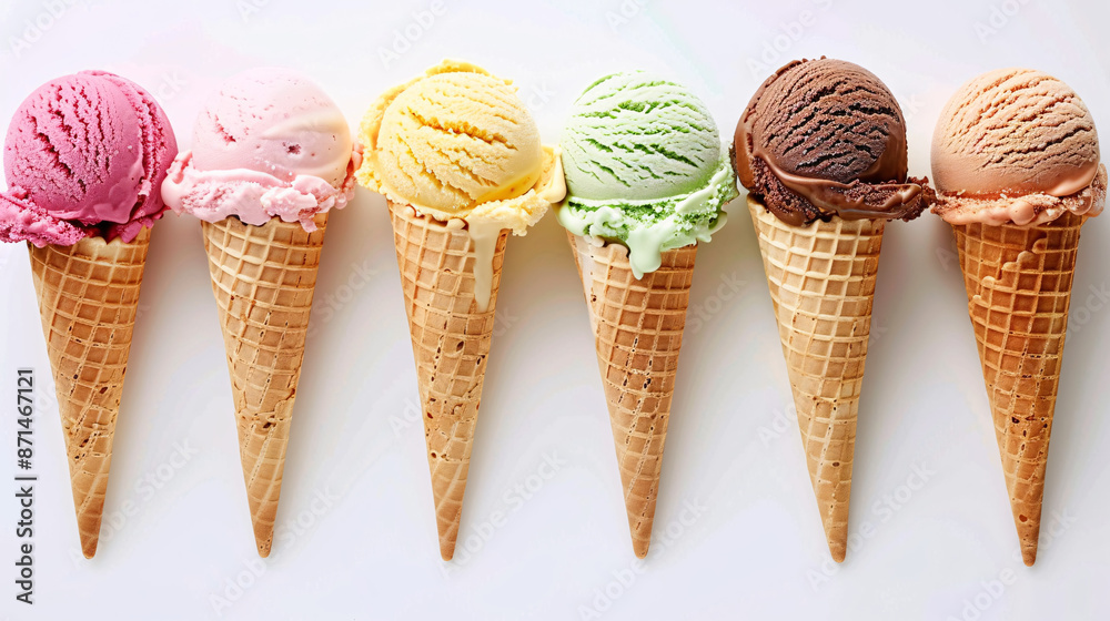 Assorted ice cream in sugar cones on white background, a tempting and refreshing summer treat. Assorted ice cream in sugar cones on white background, a tempting and refreshing summer treat.