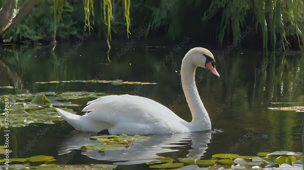 a white swan swimming in a pond with lily pads a white swan swimming in a pond with lily pads