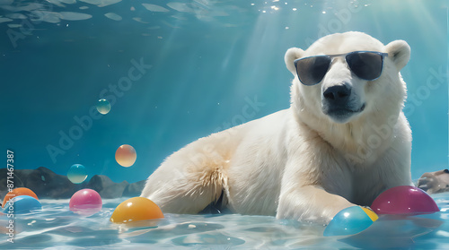 a polar bear wearing sunglasses and floating balls in the water