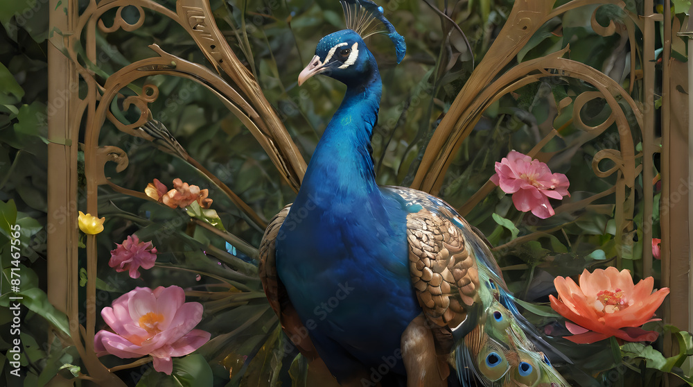 Fototapeta premium peacock standing in front of a gate with flowers and vines