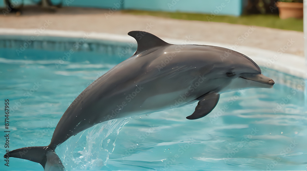 Obraz premium dolphin jumping out of the water in a pool with a blue wall