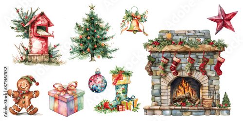 Watercolor Christmas Elements with fireplace, christmas tree, stockings, present box, ornament ball, jingle bell, ginger bread and santa mail box