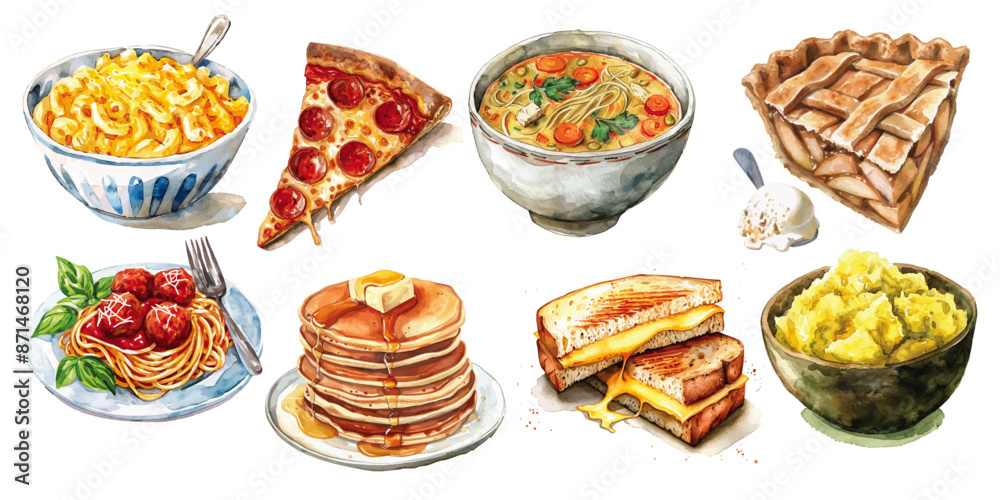 Set of comfort foods with maccaroni and cheese, pizza, apple pie, spaghetti and meat ball, pancake, cheese sandwich, and mash potato watercolor vectors Set of comfort foods with maccaroni and cheese, pizza, apple pie, spaghetti and meat ball, pancake, cheese sandwich, and mash potato watercolor vectors