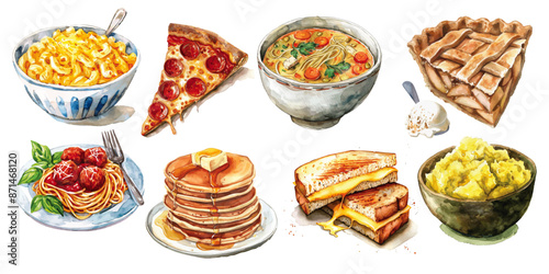 Set of comfort foods with maccaroni and cheese, pizza, apple pie, spaghetti and meat ball, pancake, cheese sandwich, and mash potato watercolor vectors