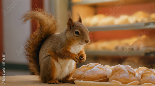 a squirrel that is standing on a table with some doughnuts photo