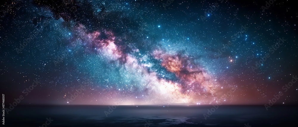 Stunning night sky with the Milky Way galaxy above a calm ocean, showcasing colorful stars and cosmic wonders in a serene and breathtaking scene. Stunning night sky with the Milky Way galaxy above a calm ocean, showcasing colorful stars and cosmic wonders in a serene and breathtaking scene.