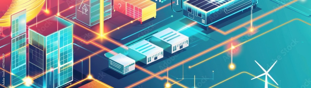 Fototapeta premium Energy storage solutions for remote areas, significant asset accumulation, resilient blockchain system, flat design illustration