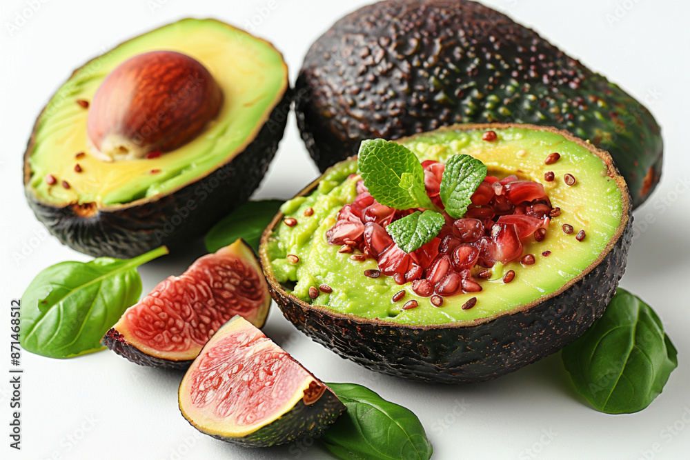an avocado cut in half with leaves and other fruits around it an avocado cut in half with leaves and other fruits around it