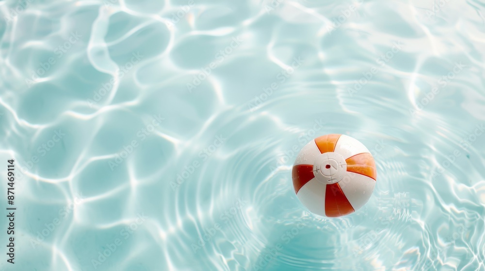 Naklejka premium Vibrant beach ball floating in clear blue swimming pool water, creating relaxing ripples under the sunlight. Perfect for summer and leisure concepts.