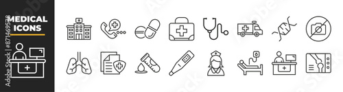 Set of 16 Medical line icons set. Medical outline icons with editable stroke collection. Includes thermometer, ambulance and medicine on white background flat vector illustration