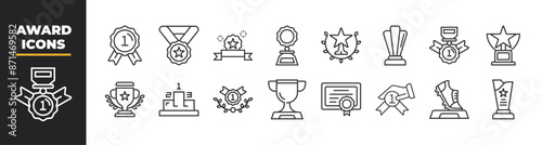 Set of 16 Award line icons set. Award outline icons with editable stroke collection. Includes Trophy cup, Medal, and Winner prize icon on white background flat vector illustration