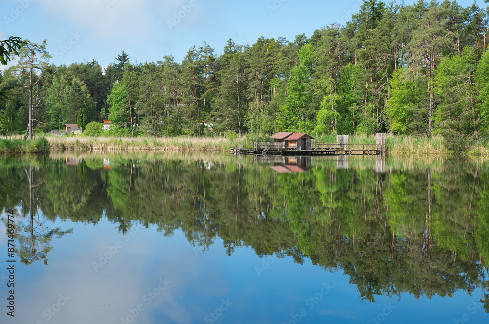 View of small Lake of Fie at the Sciliar (Italian: Laghetto di Fiè allo Sciliar), Alpe di Siusi, Dolomites, north Italy