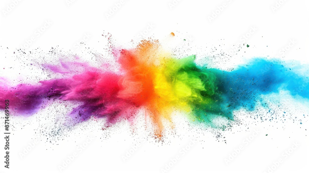 A vibrant explosion of colored powders on a white background, showcasing a rainbow spectrum. A vibrant explosion of colored powders on a white background, showcasing a rainbow spectrum.