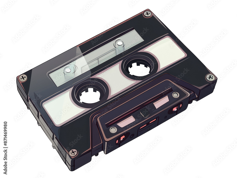 Obraz premium Vintage black cassette tape with transparent window, representing retro music and analog recording technology.