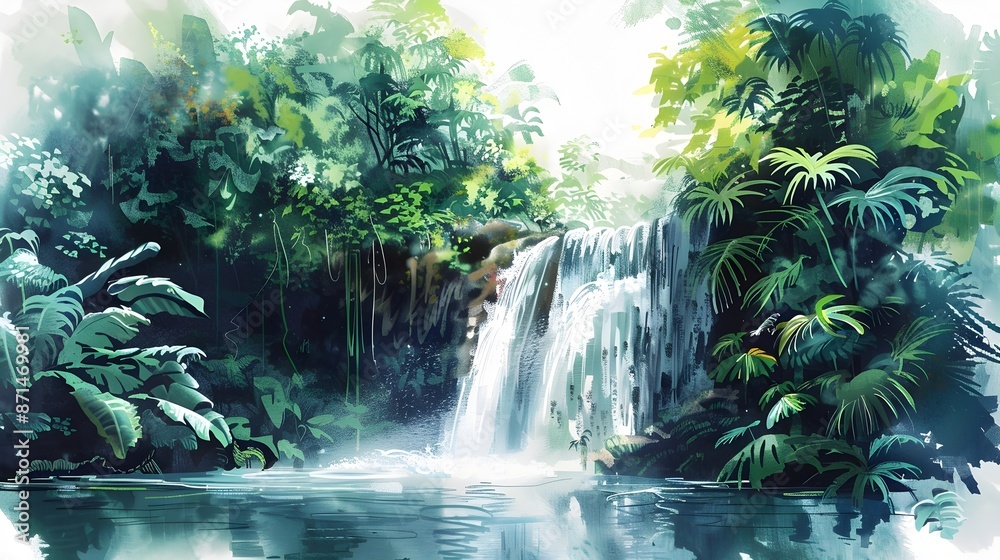 Lush Tropical Waterfall in Verdant Forest Landscape Digital Lush Tropical Waterfall in Verdant Forest Landscape Digital