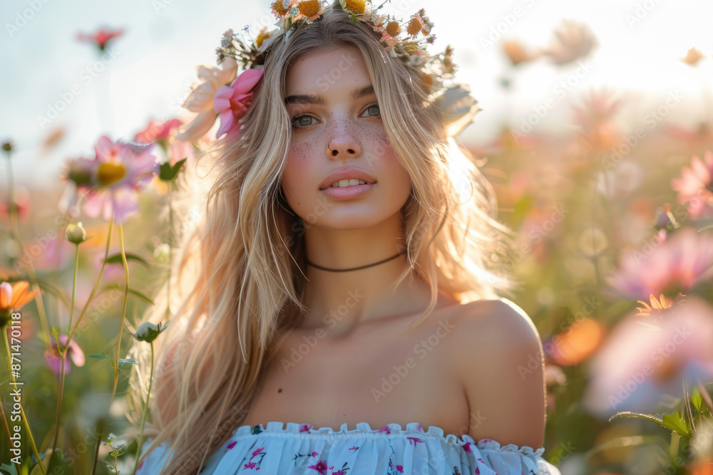 A young woman wearing a flower crown in the grassland A young woman wearing a flower crown in the grassland