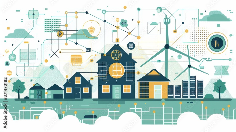 Fototapeta premium Blockchain transactions, ecofriendly technologies, energy storage systems, flat design illustration