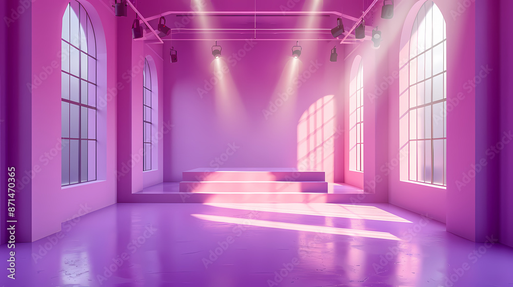 Vibrant empty room with arched windows, pink walls, and stage under spotlights Vibrant empty room with arched windows, pink walls, and stage under spotlights