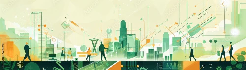 Obraz premium Sustainable tech innovations, advanced blockchain analytics, high economic prosperity, flat design illustration