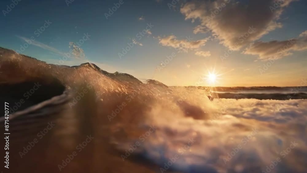 Close up Light sand beach, ocean water wave sparkles against sunset sky. Ai Generative. Close up Light sand beach, ocean water wave sparkles against sunset sky. Ai Generative.