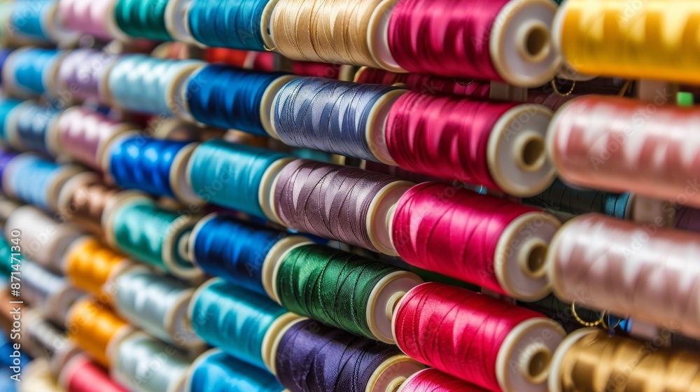 Thread spools background. Various colors sewing kit. Collection of threads. Vibrant vivid colors. Sew threads. Colorful hobby background. Tailor shop texture