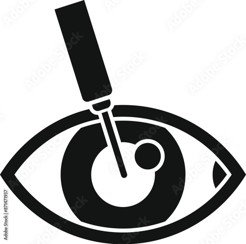 Black and white icon of an ophthalmologist treating a patient's eye with a laser surgery tool