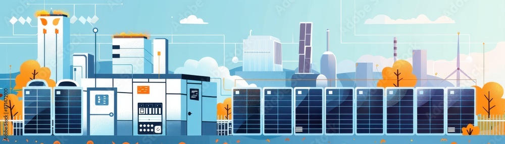 Fototapeta premium Growing fintech company, lithiumion battery array, flat design illustration