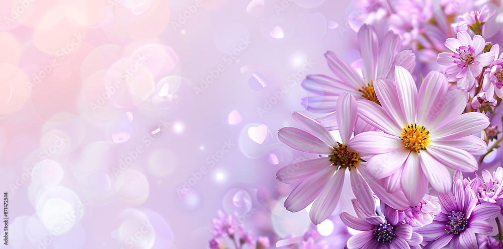 Obraz premium 3d rendering of white daisies and small flowers on purple background with copy space for text, top view. Spring or summer floral banner design template