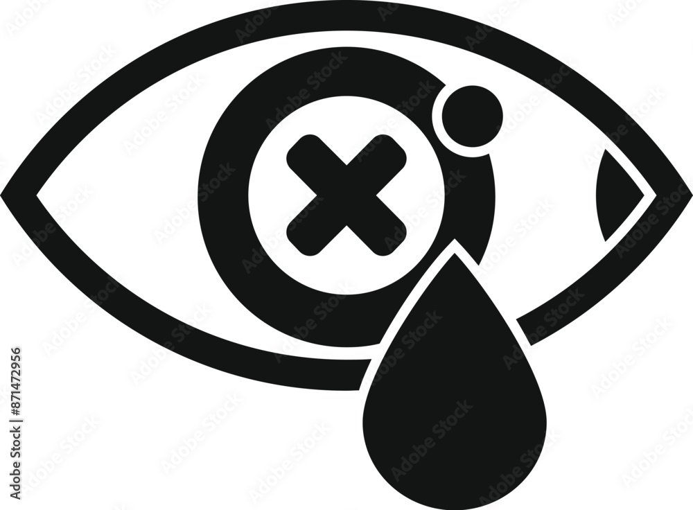 Simple black and white icon of an eye with a tear falling from it, symbolizing vision loss Simple black and white icon of an eye with a tear falling from it, symbolizing vision loss